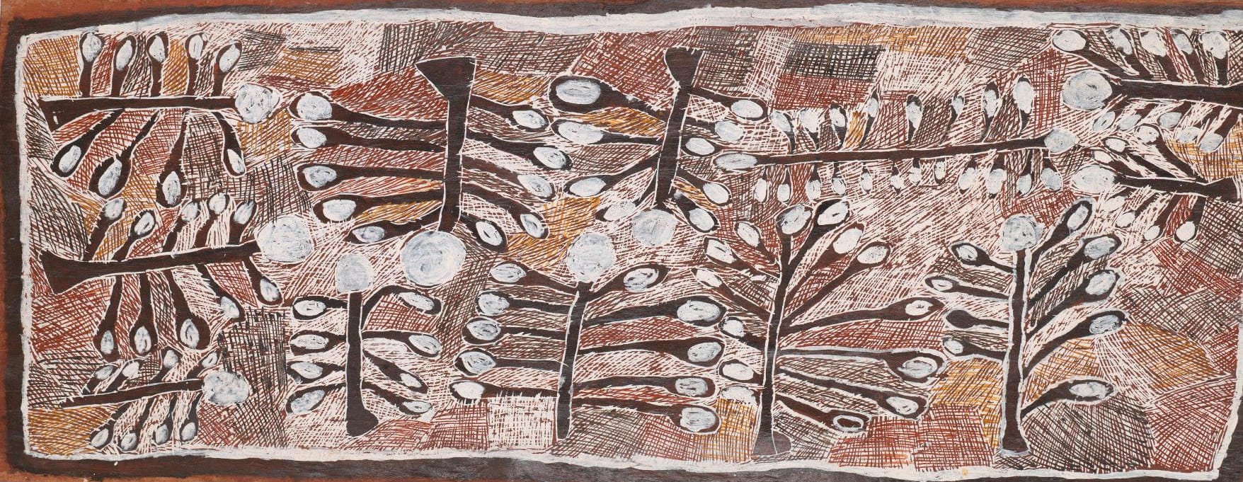 Ms N Yunupiŋu<br />  <em>Wild apple orchard</em> 2008<br /> earth pigments on Stringybark (Eucalyptus sp.)<br /> 173.9 x 69.7 cm<br /> National Gallery of Victoria, Melbourne<br /> Purchased with funds donated by Lou and Mary Senini, 2010<br /> 2010.521<br /> © Ms N Yunupiŋu, courtesy of Buku-Larrnggay Mulka Centre, Yirrkala