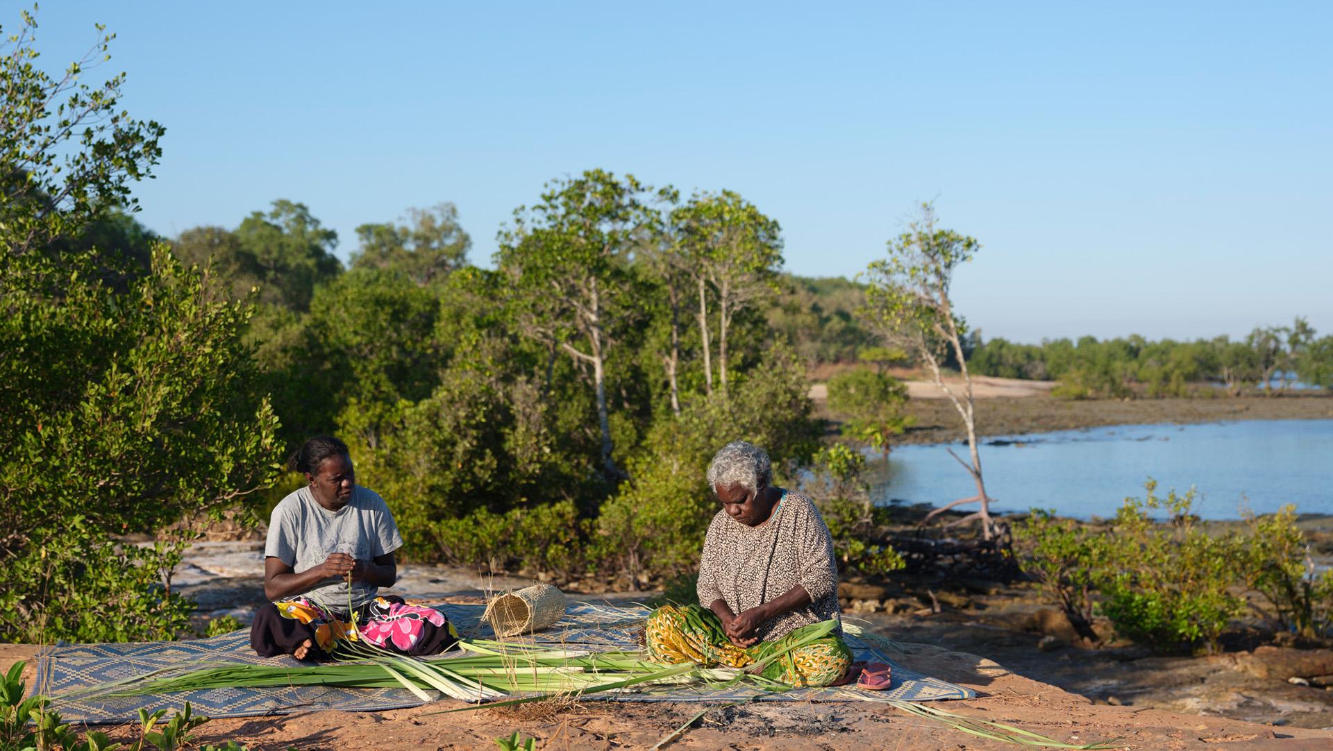 Doreen Jinggarrabarra and Stephanie Ali in Maningrida, NT for the Country Road + NGV First Nations Commissions: <em>FUTURE COUNTRY</em> <br />Photo: Alana Holmberg