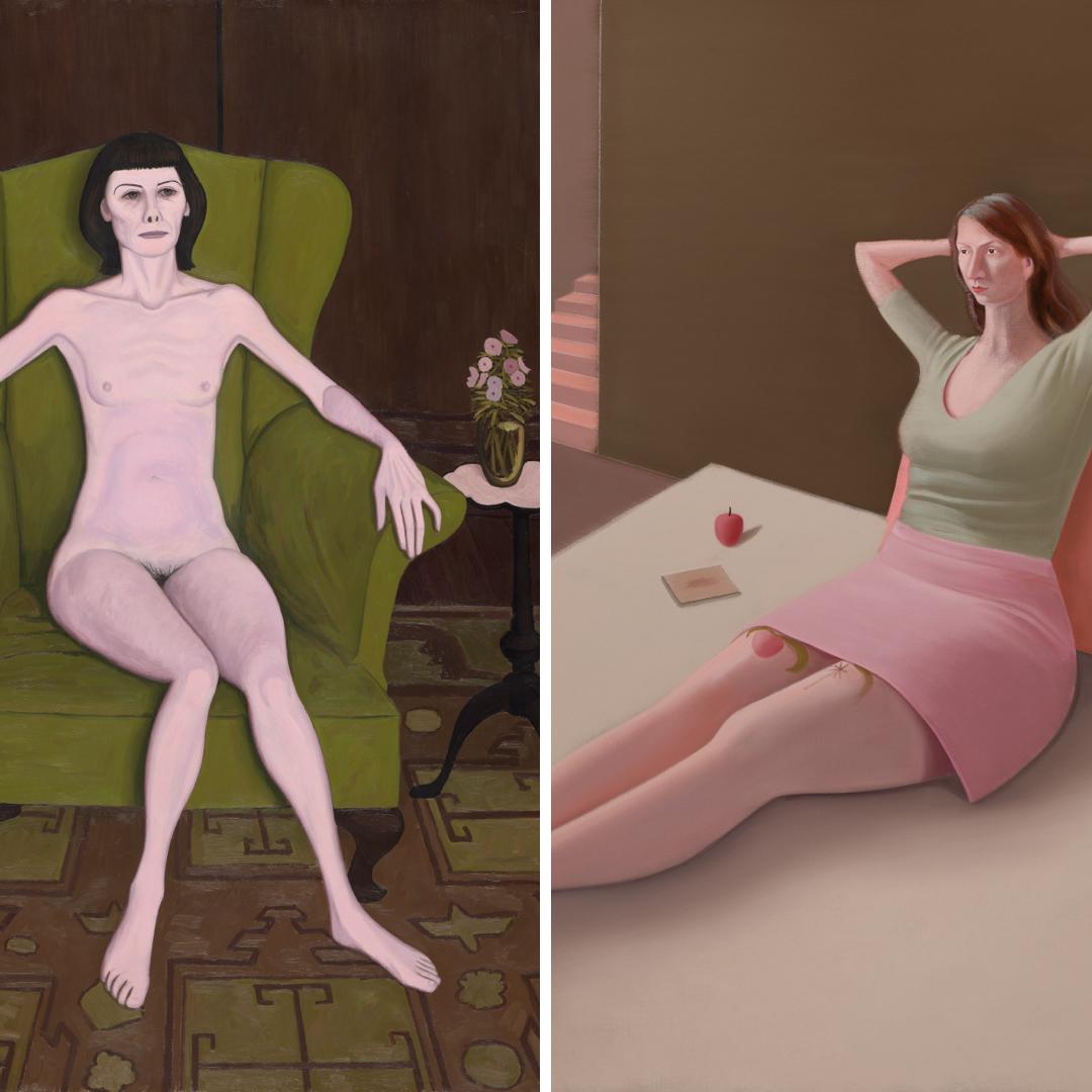 Left: John Brack, <em>Nude in an armchair</em> 1957<br>Right: Prudence Flint, <em>Second meal</em> 2022